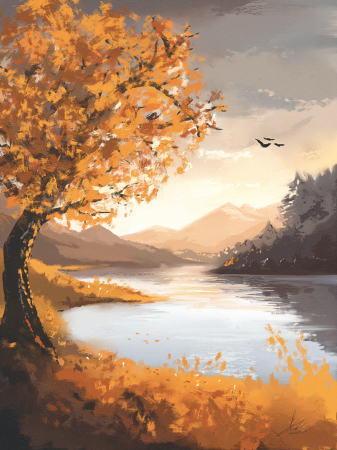 Herfst boom bij berg meer