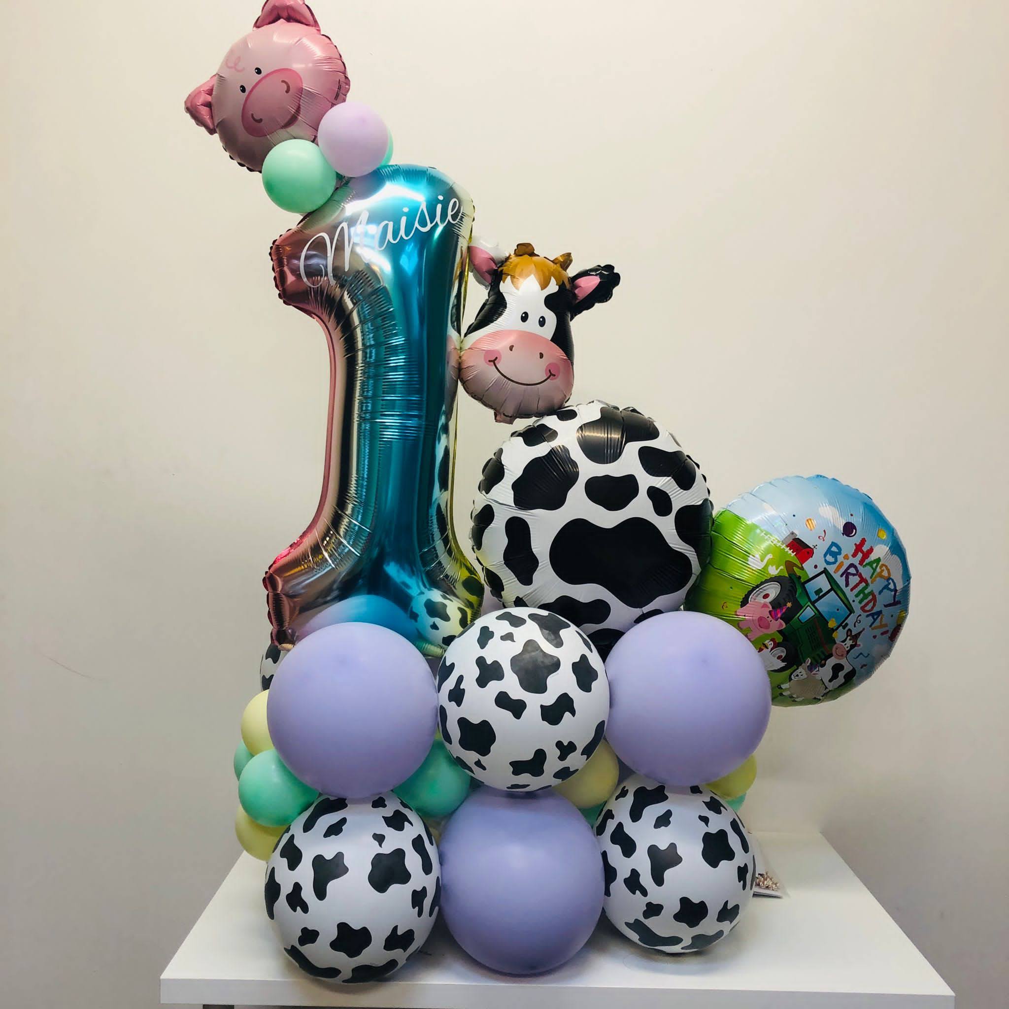 A farm Themed Balloon Extravaganza Age 1 with personalised Balloon