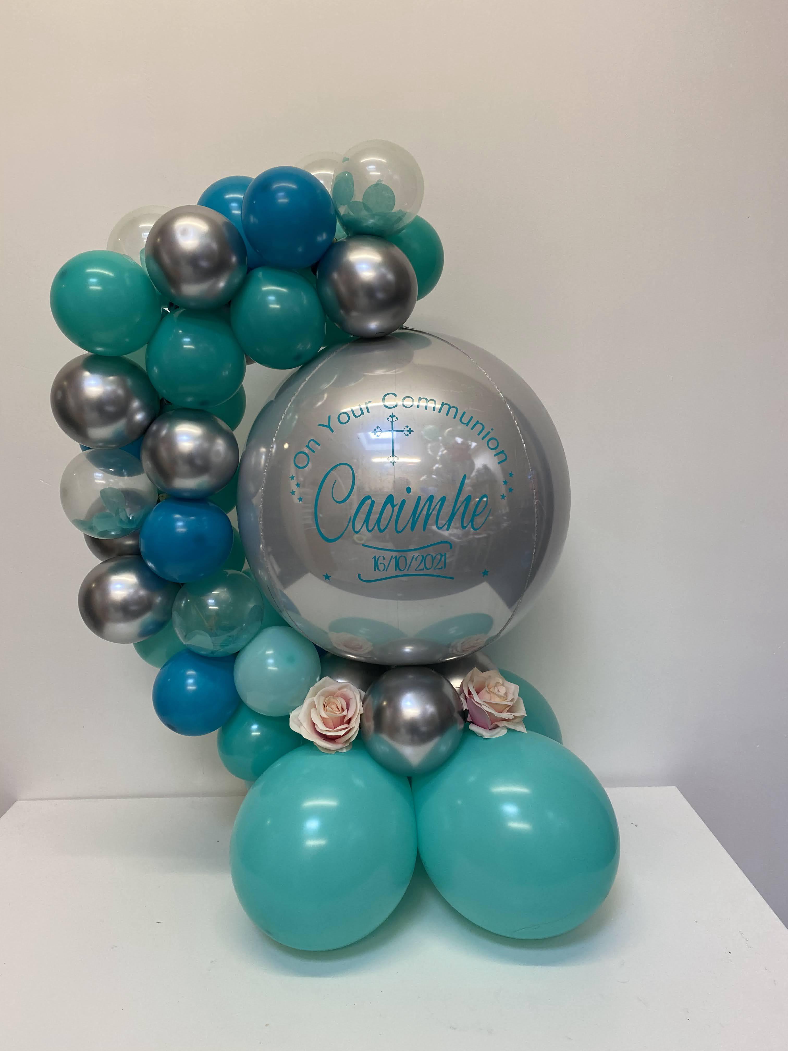 Personalised Balloon Hug with flowers, and silver and teal colour schemeSilver and Teal