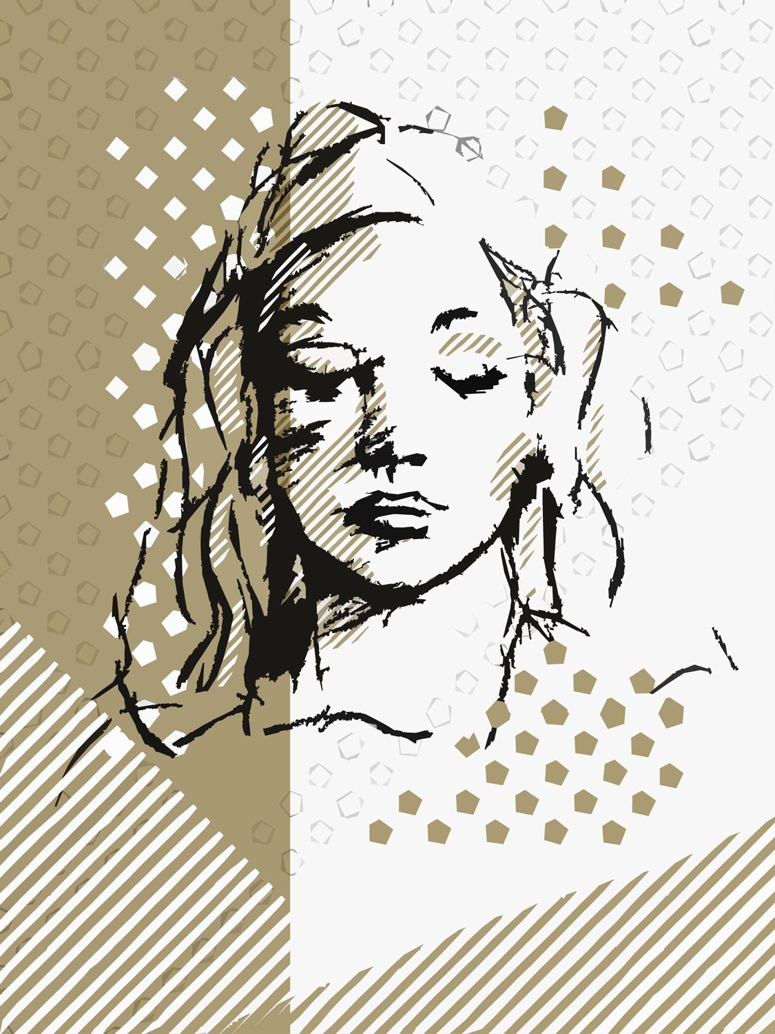 Grafisch semi abstract portret vrouw in bruin wit en zwart