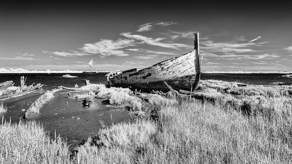 Monochrome IR image of The Wreck, River Chelmer, Maldon, Essex.