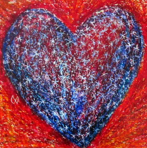 A sparkly heart with starry design on warm red background