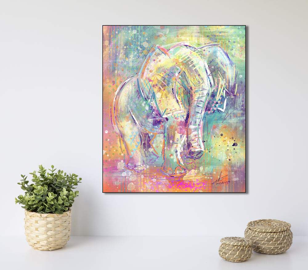 Kleurig kunstwerk van een olifant in abstracte stijl