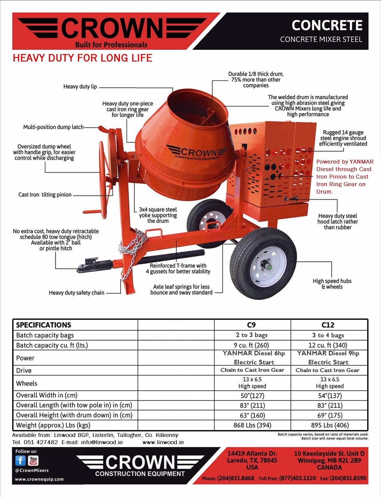 Concrete Mixers, Portable or Road Towable with drum size from 140 to 430 litres