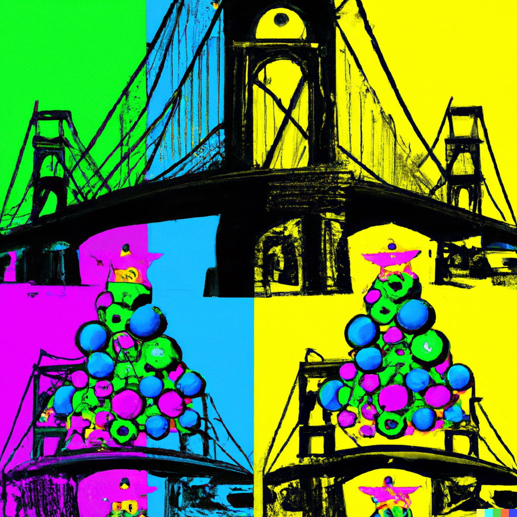 DALLE 2022-12-21 144600 - a andy warhol style christmas card for 2023 with a christmas tree christmas decorations and an illustration of an arch bridge png