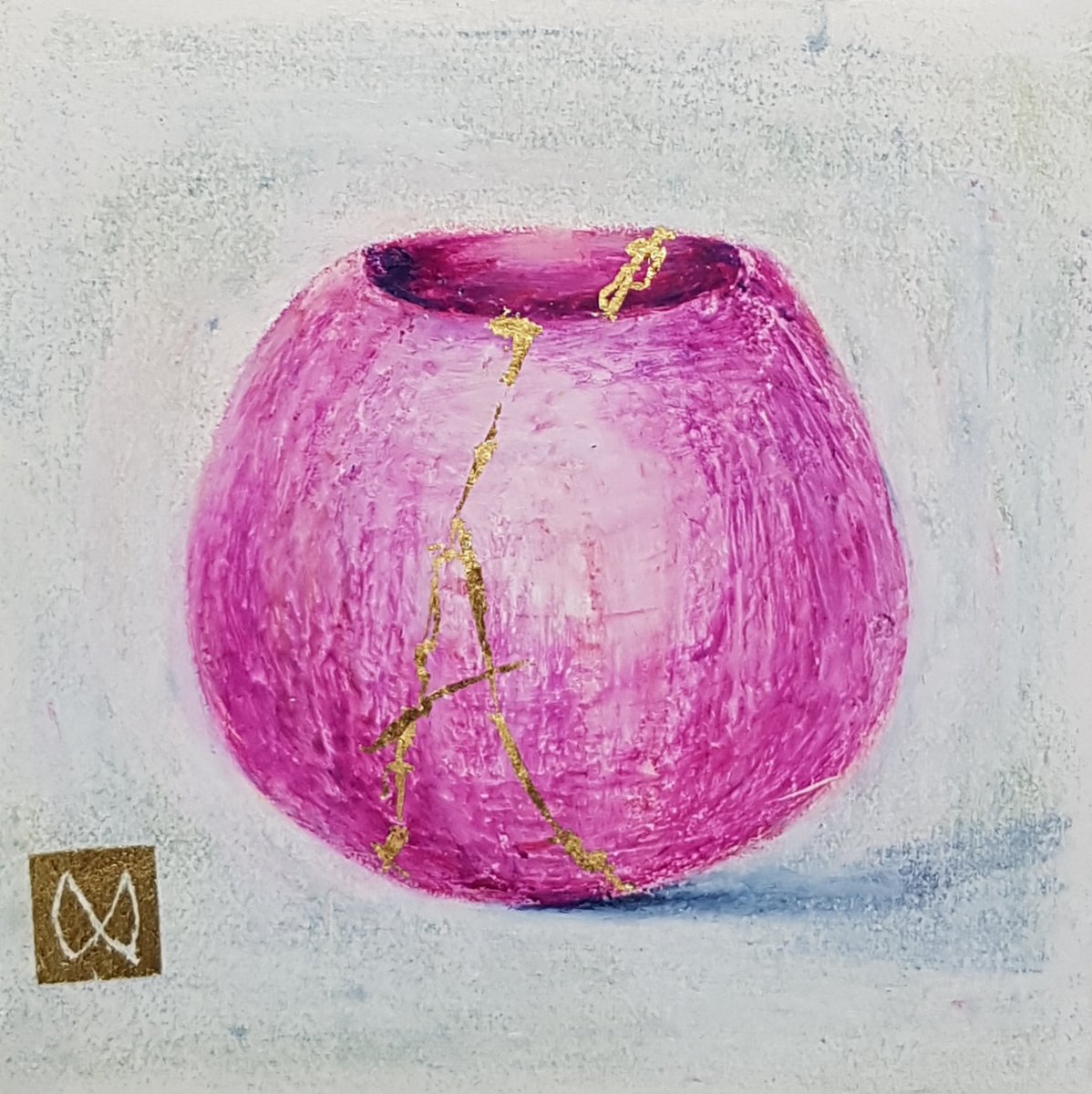 painting of Japanese kintsugi tea bowl with gold by Irish artist pink