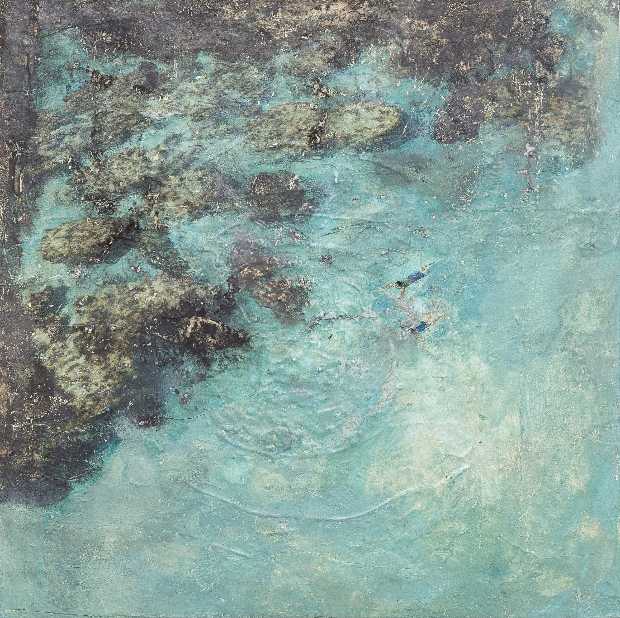 Malerei auf Holzkörper "Schwimmer im Meer" 30x30