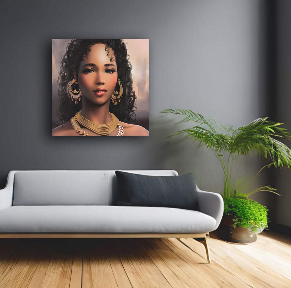 Portret Afrikaanse vrouw met krullend haar met gouden sieraden