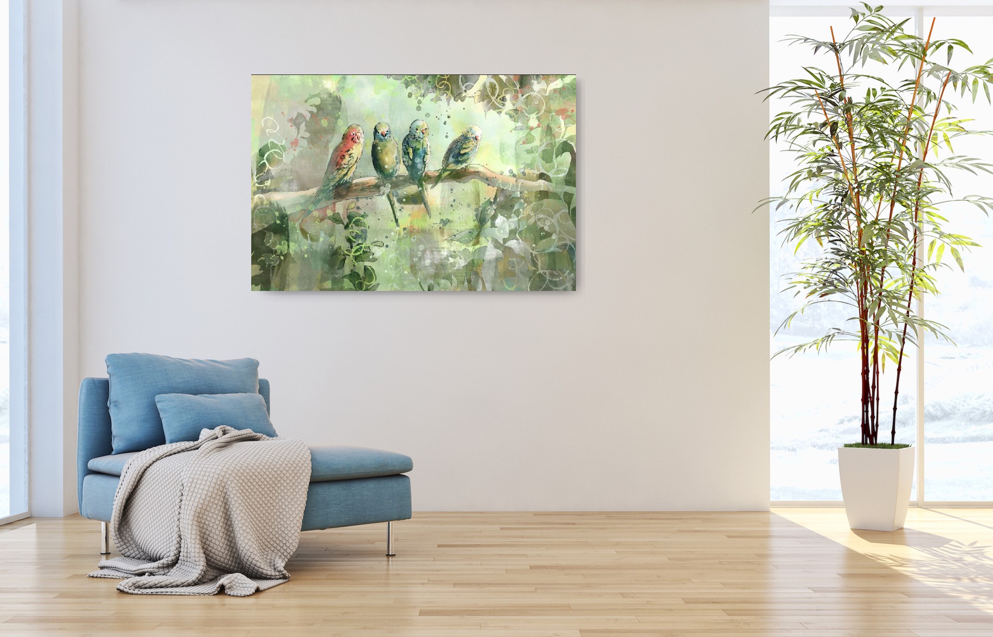 Jungle afbeelding met vier tropische vogels