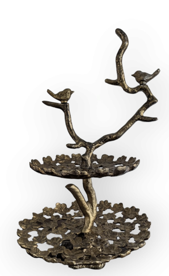 BIRDS, etagère, 2-laags, in antique brons metal