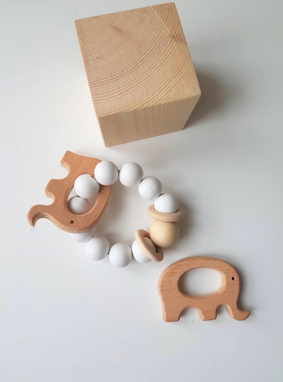 Wooden Teether Rattle - White & Raw Wood