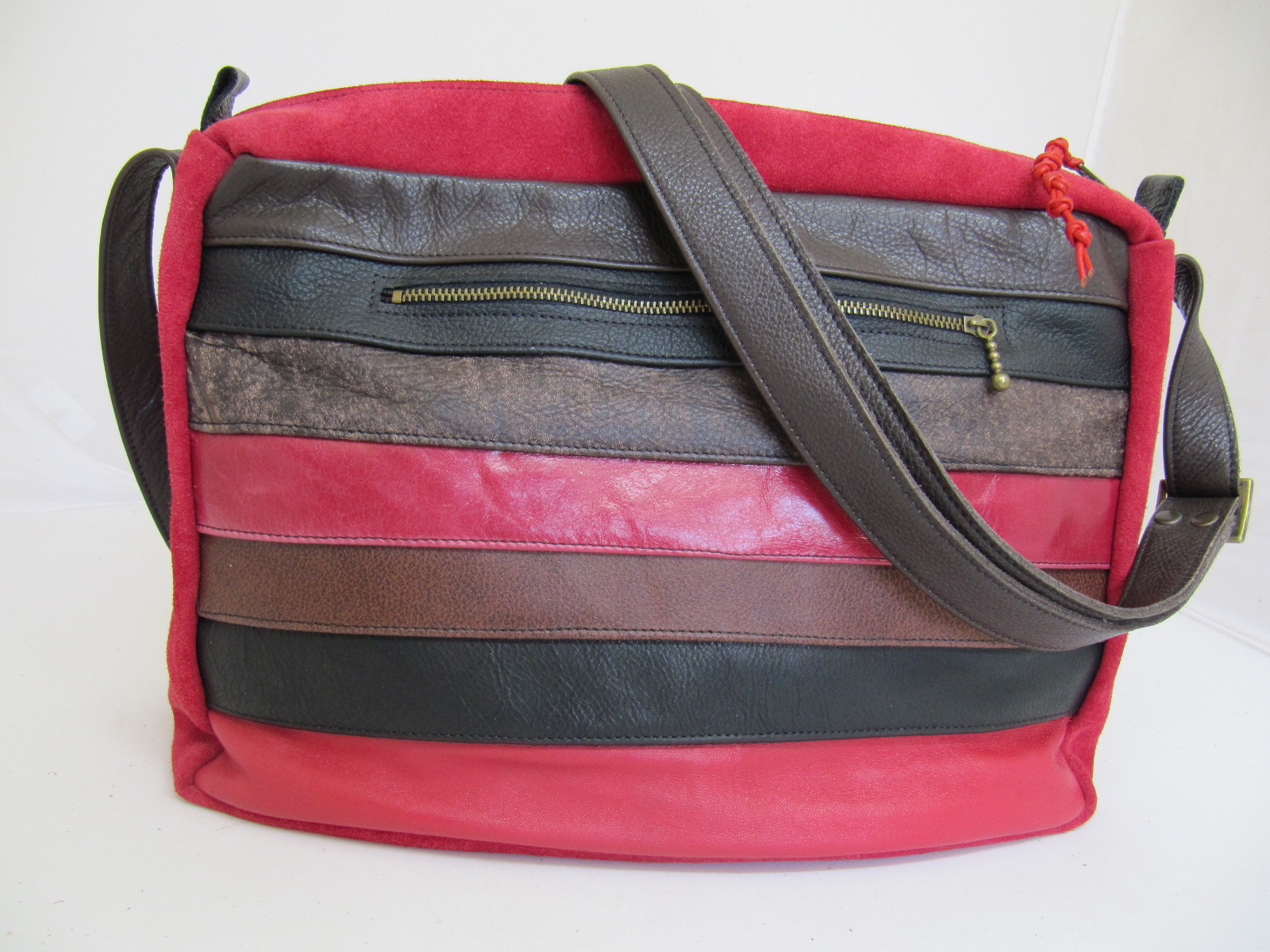 Leather and suede stripe handbag reds
