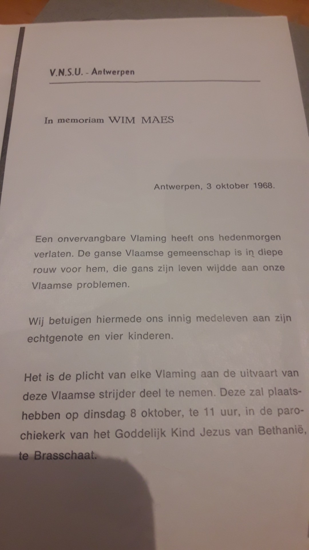 Lotje overlijden van VMO leider Wim Maes 1968 / herdenkingskaart en doodsprentje