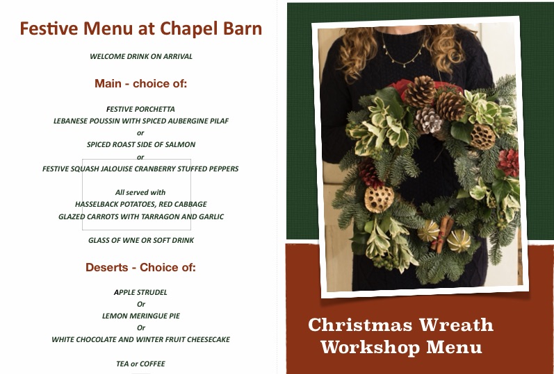 Christmas Wreath Workshop & Dinner Friday Nov. 29th 2024 6:00-9:30pm Chapel Barn, Bolney, RH17 5NE