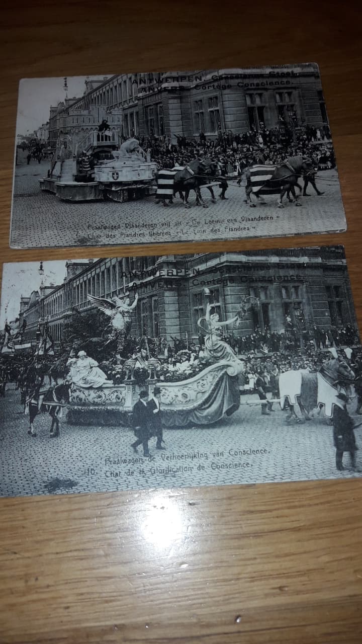 2 postkaarten Leeuw van Vlaanderen Conscience praalstoet 1912 Antwerpen