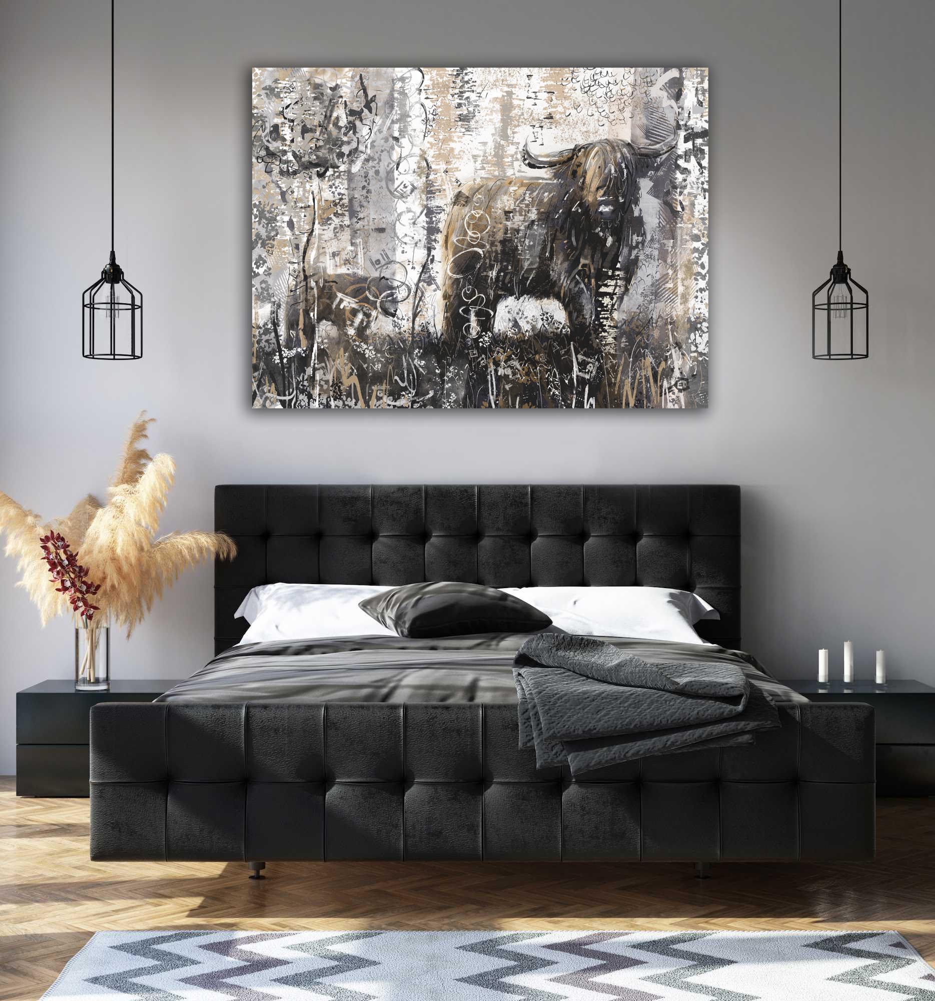 hooglander koe met kalf in zonsondergang grijs goud def slaapkamerjpg