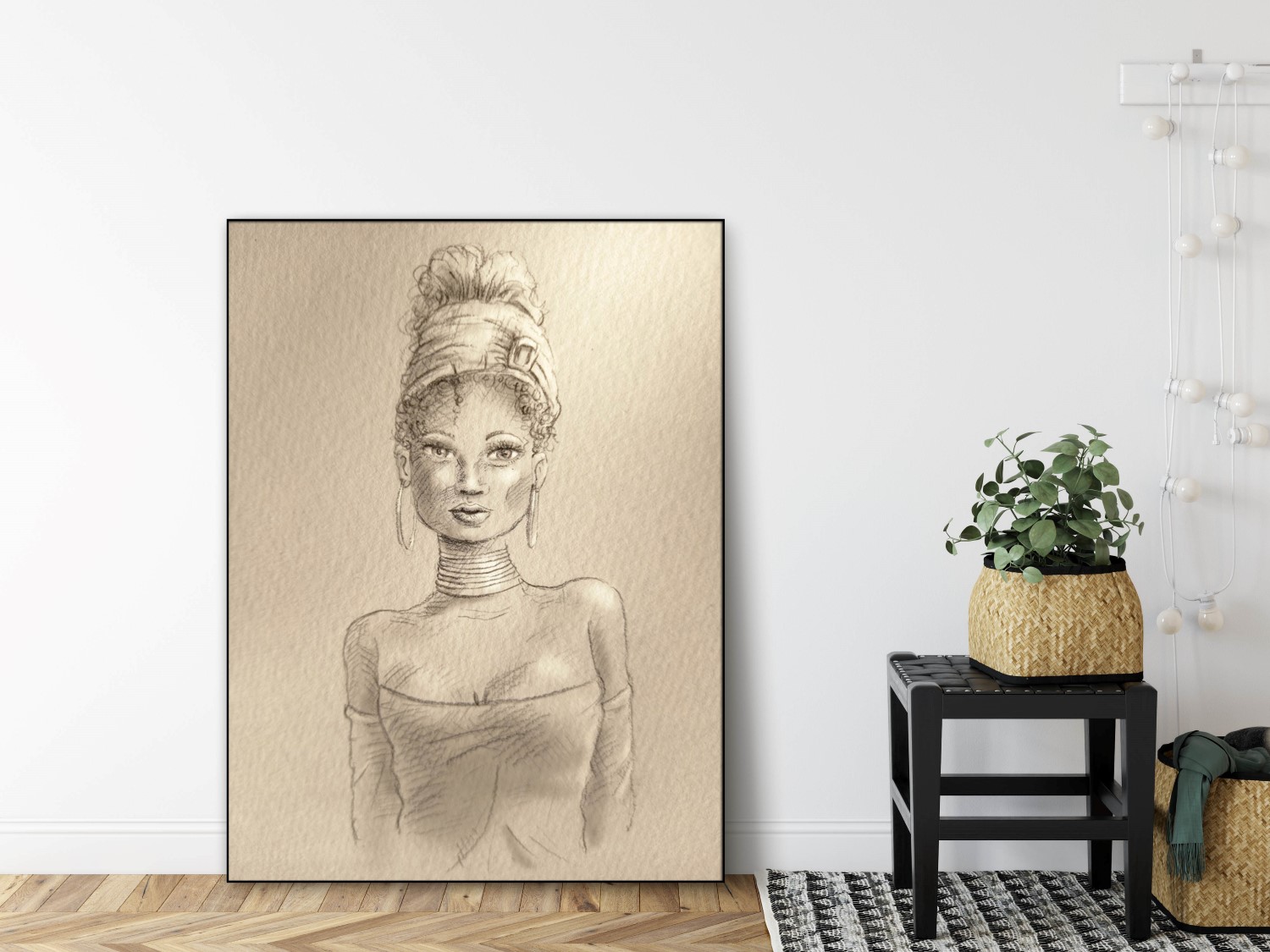 Grootformaat schilderij Portret Afrikaanse dame in beige kleur