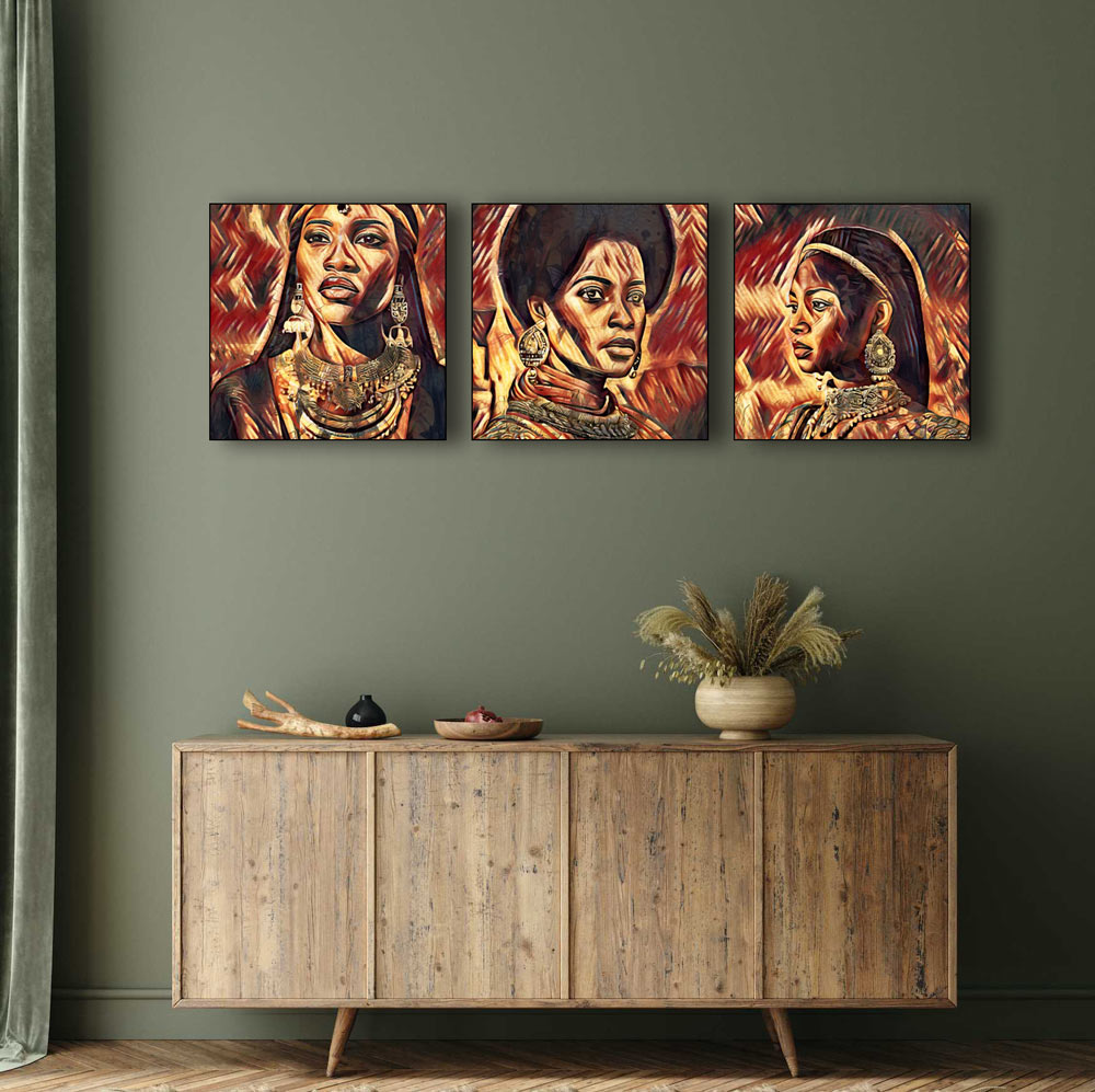 Afrikaanse prinses - drieluik in rood geel en bruin tinten