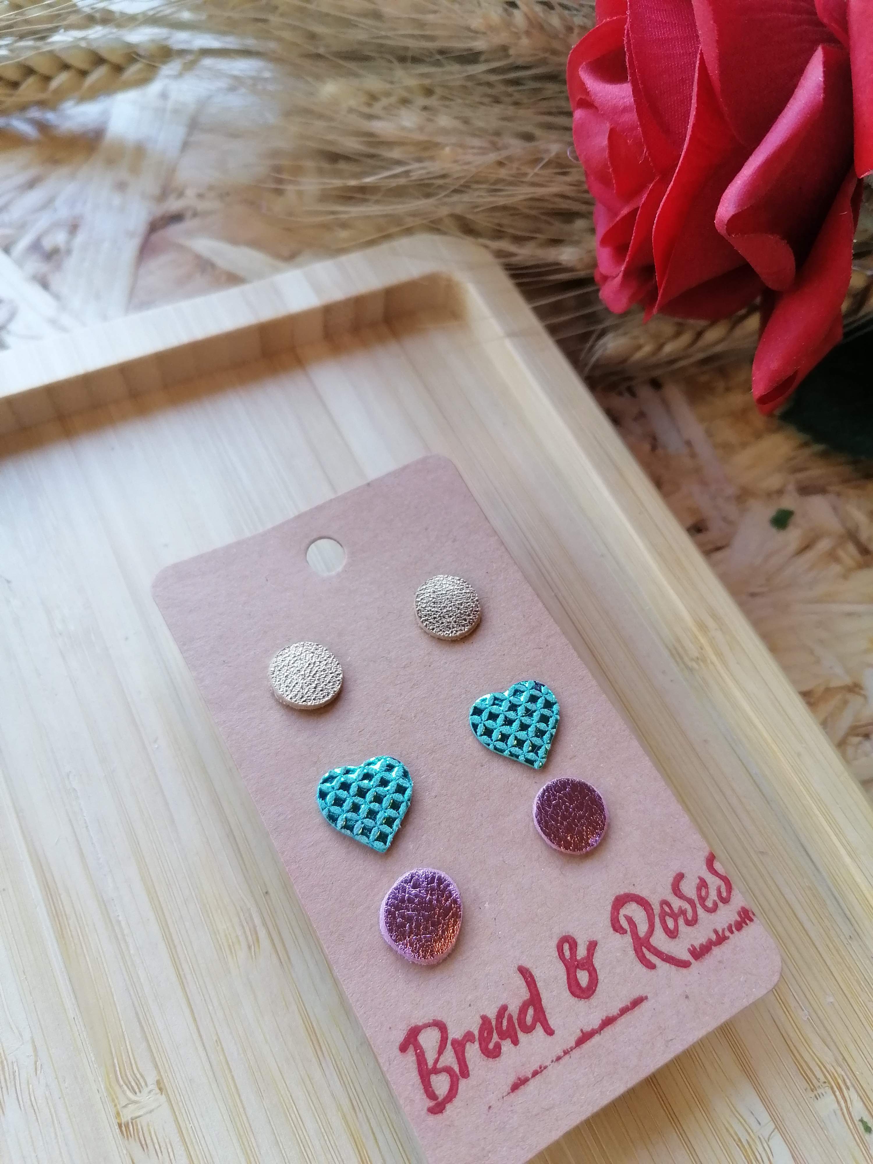 Recycled Leather Stud Set- Gold, Shimmer Blue & Metallic Pink