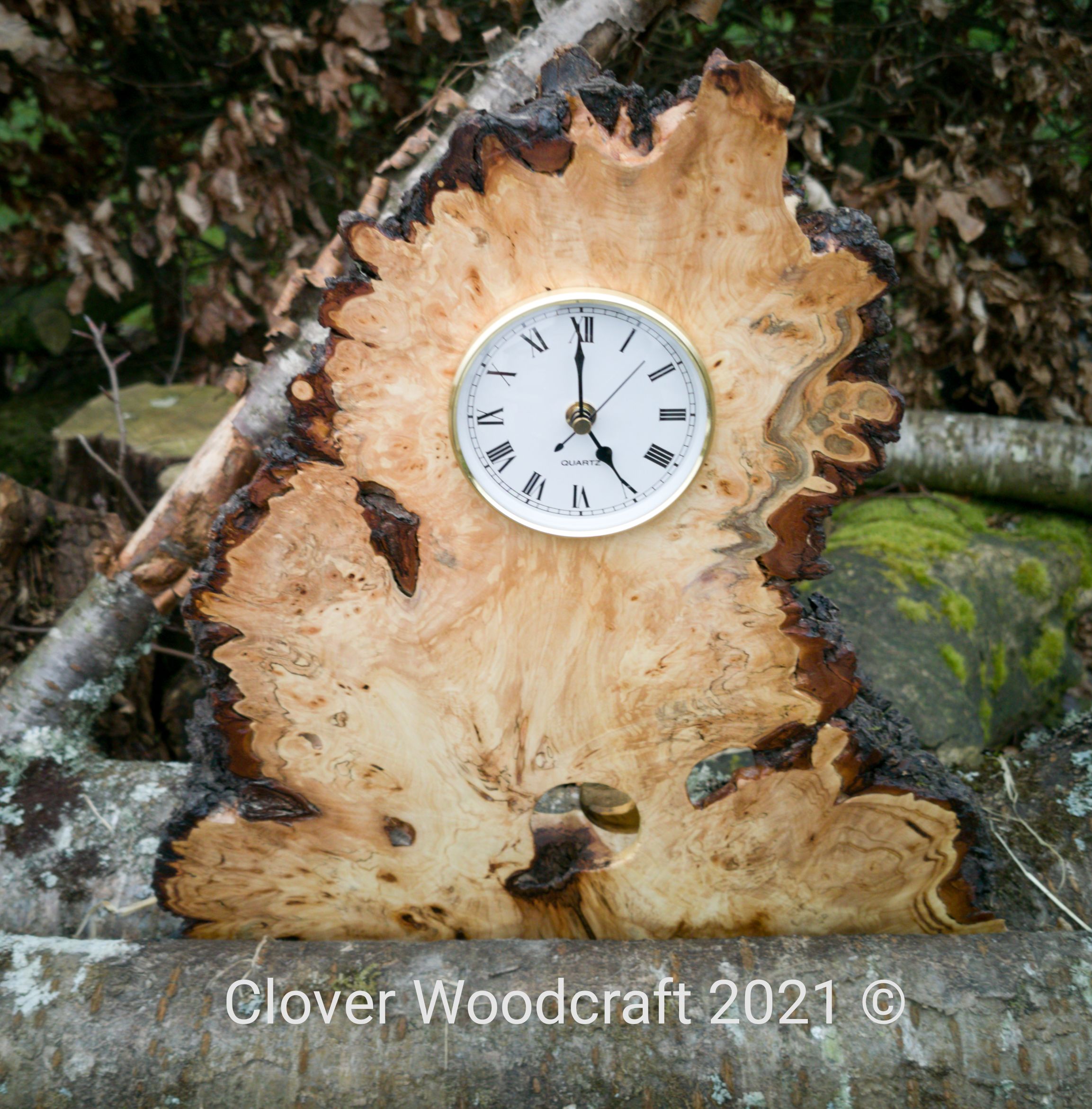 Large Spalted Burl Horse Chestnut Live Edge Wooden Mantel Clock featuring Pendulum.
