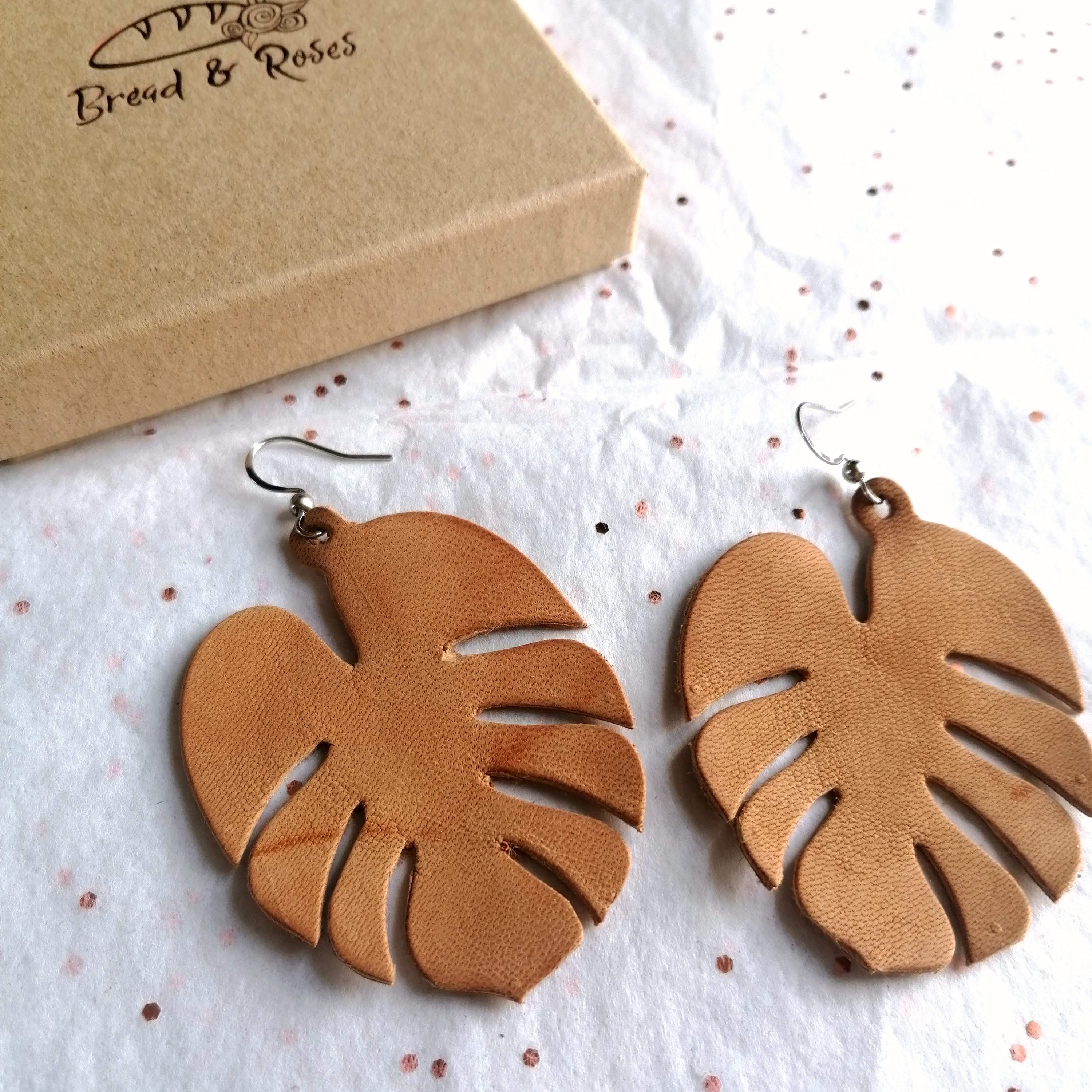 Large Brown Leather Monstera Leaves on Silver Ear Hooks