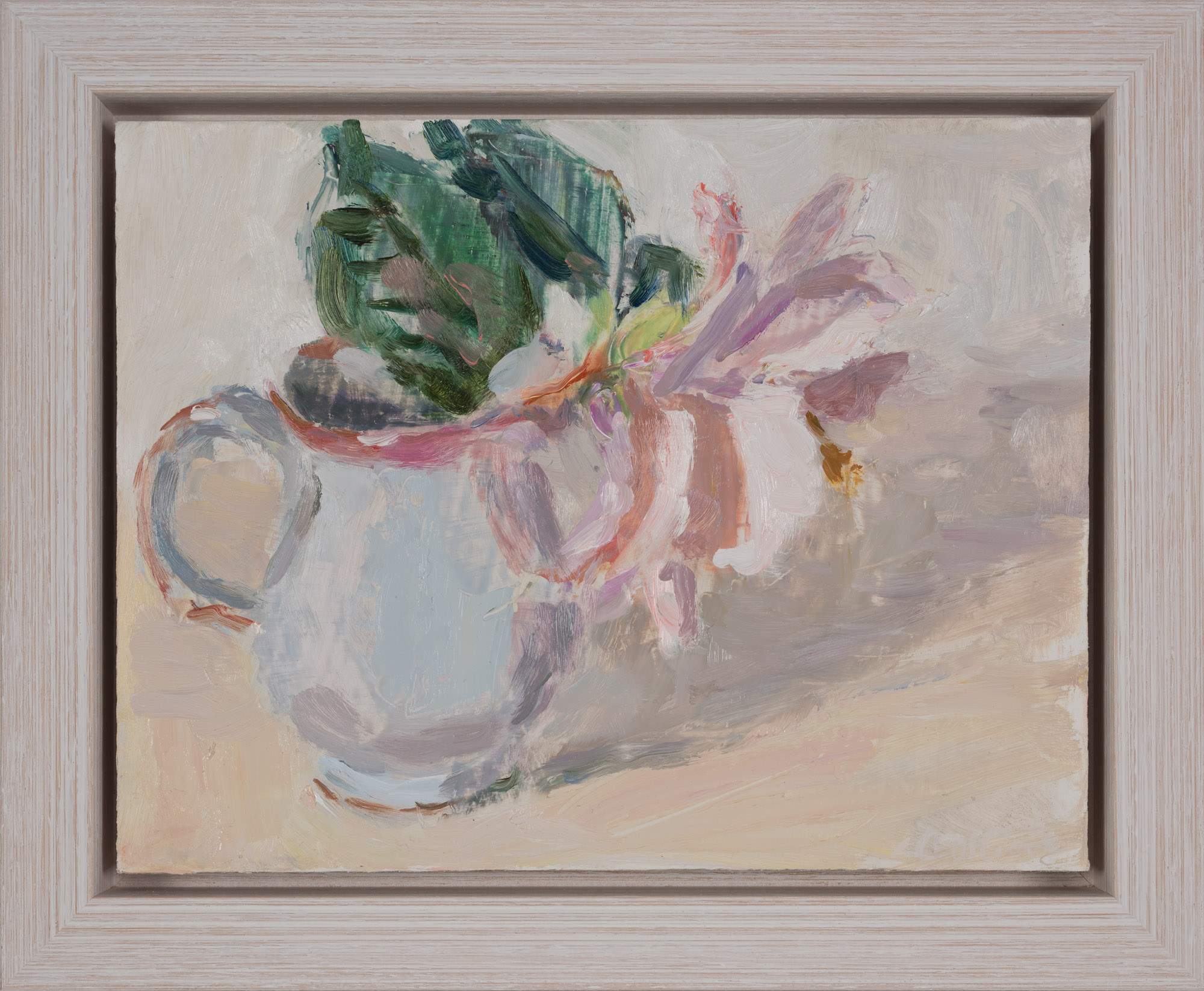 Framed Oil Painting: Camellia in a Blue Jug