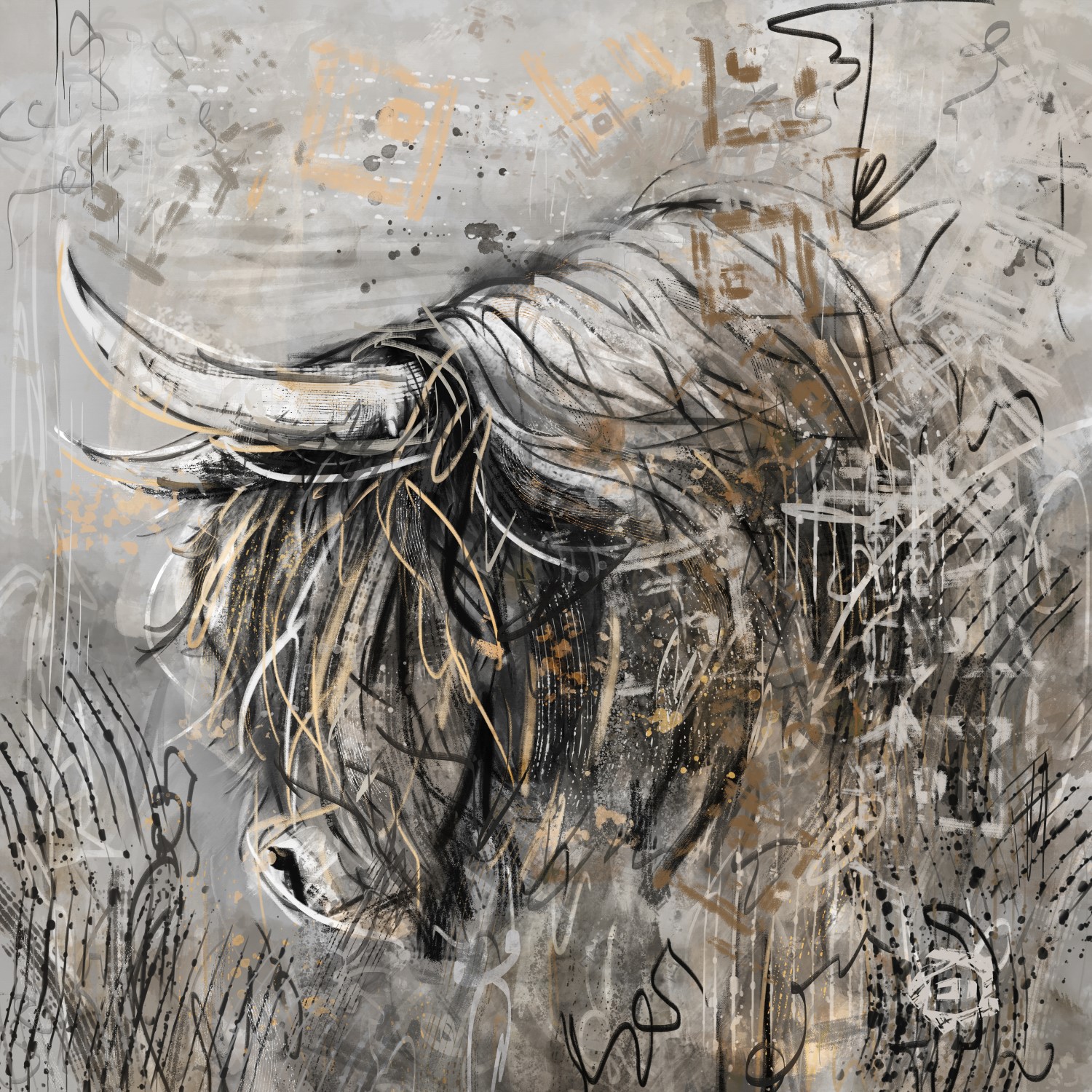 Schilderij schotse hooglander koe grijs en goudgeel - vierkant