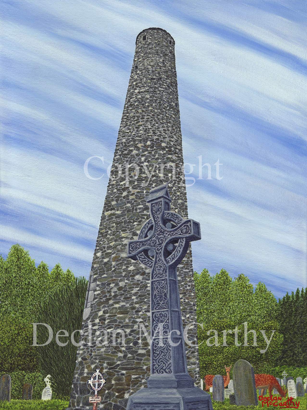 Celtic Cross & Round Tower, Glendalough, Co. Wicklow. Oil On Canvas, 16x12 inch, 40x30cm