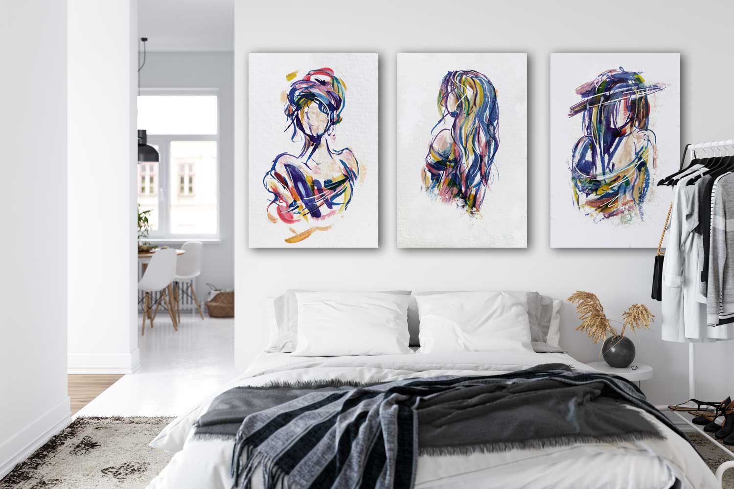 Drie moderne kleurige kunstwerken in dezelfde abstracte stijl