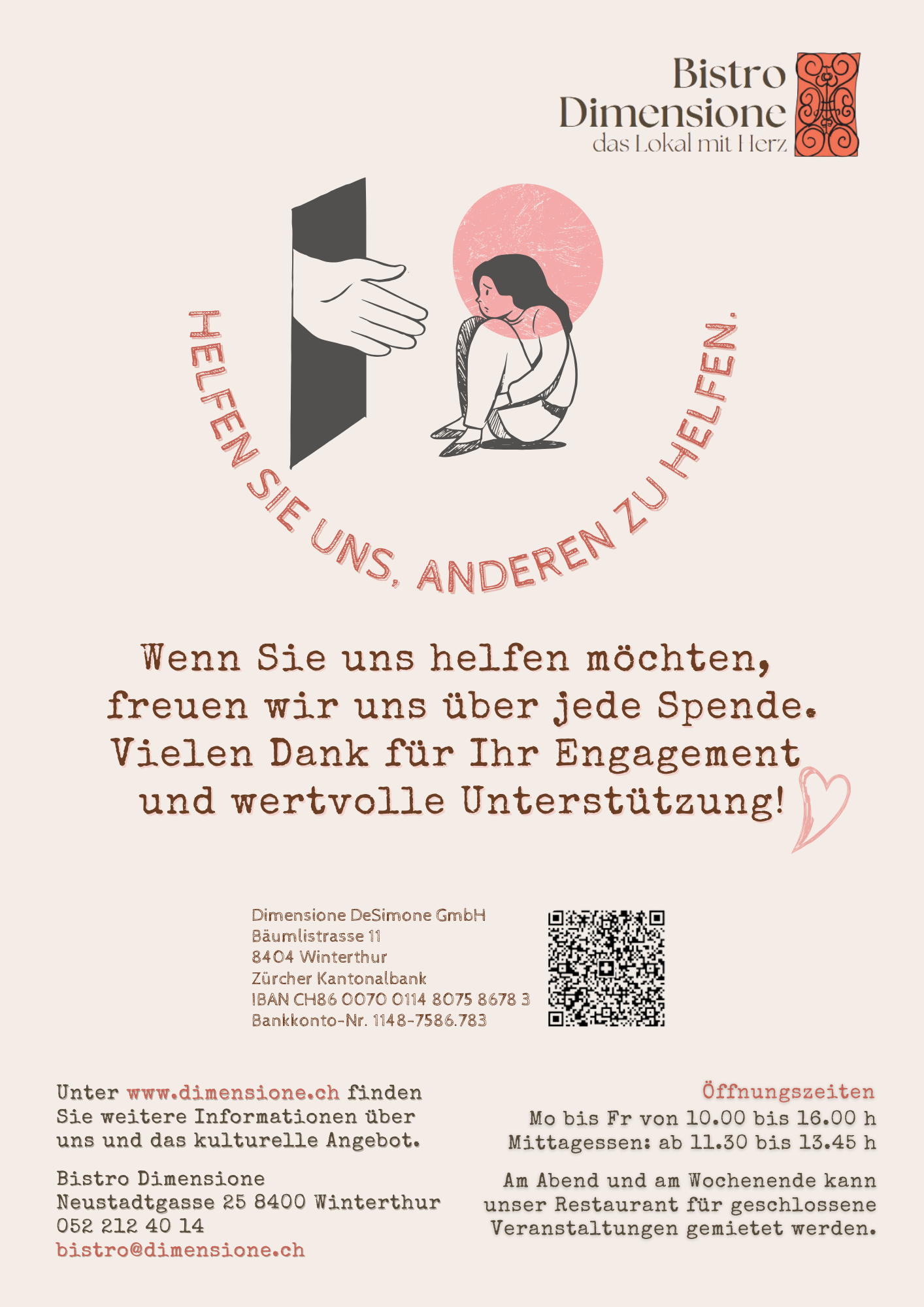 Flyer des Bistro Dimensione mit dem Titel 'Wer sind wir?', der die Mission des Bistros und seine Zukunft beschreibt. Zeigt ein Bild des Bistrot-Eingangs sowie Absätze über die Ziele, soziale Eingliederung und die Gemeinschaftsunterstützung.