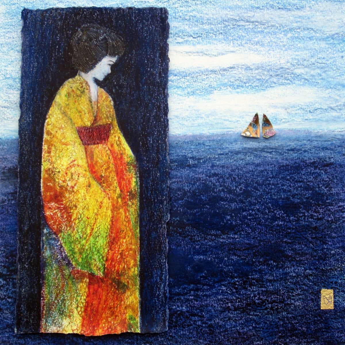 Painting of woman in a kimono looking towards a sailing ship.  The River Merchant's Wife