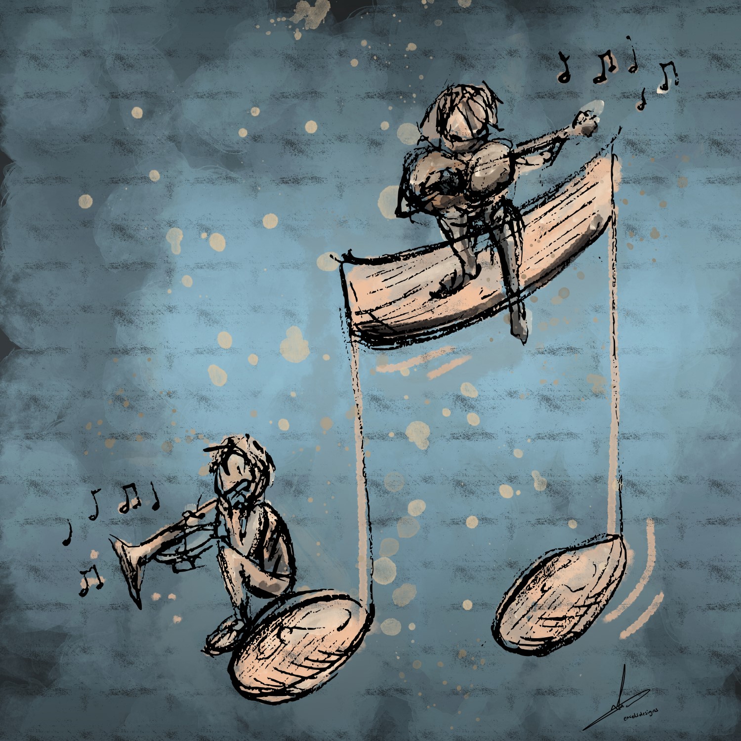 Wanddecoratie schets muzikanten - gitaar en trompet
