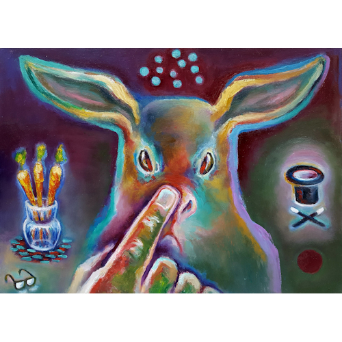 Rubbing the nose of a rabbit; glasses, carrots, bubbles and some magic stuff.