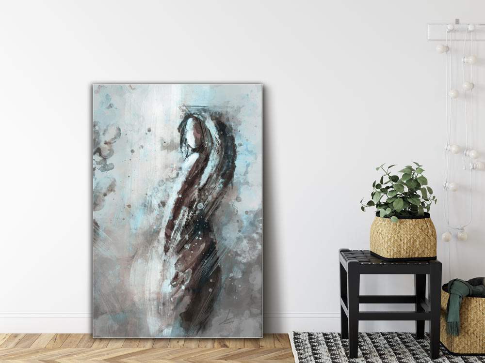 Abstract kunstwerk blauw en taupe - vrouw in mist