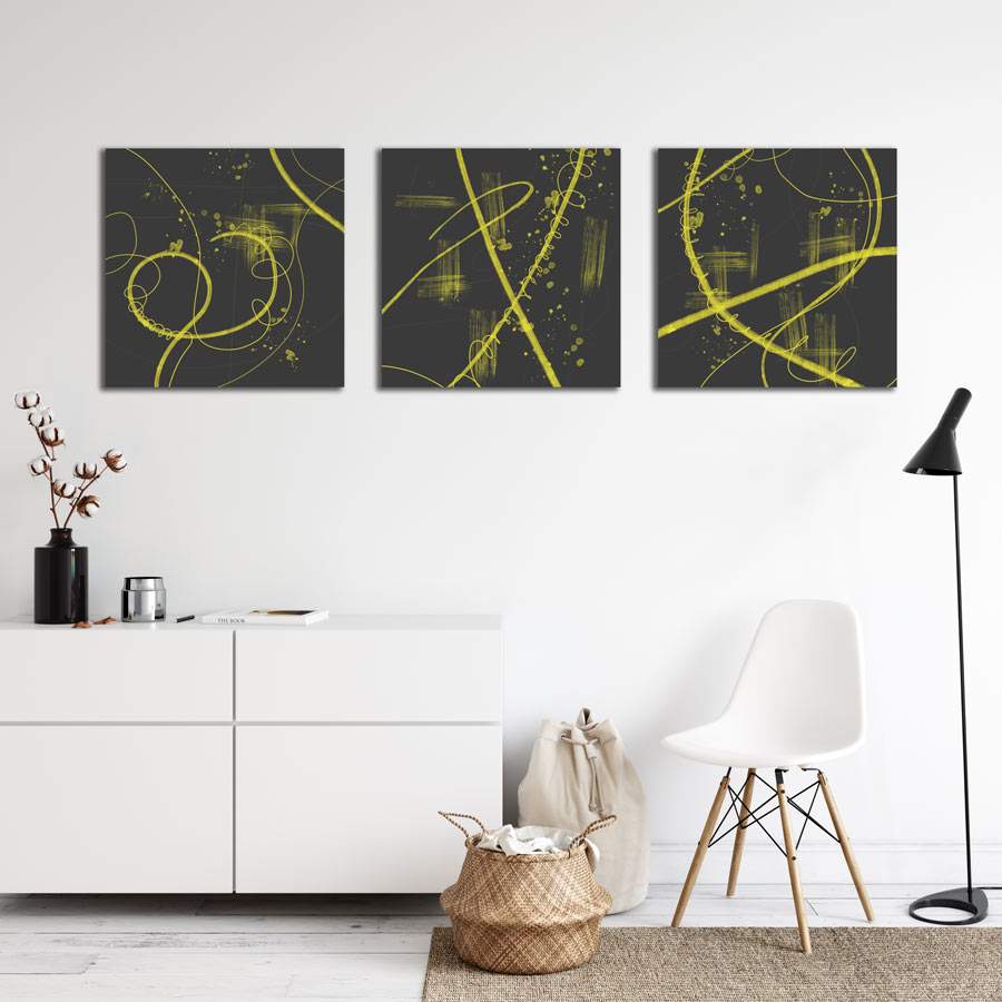 Drieluik - abstract modern - in donkergrijs en geel