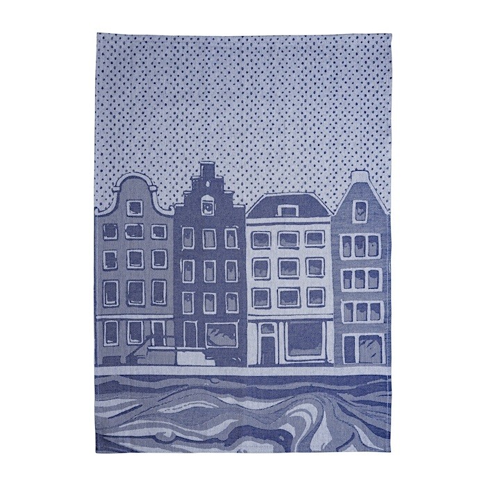 Heinen Delfts Blauw, set van theedoek en keukendoek, Grachtenpandjes.