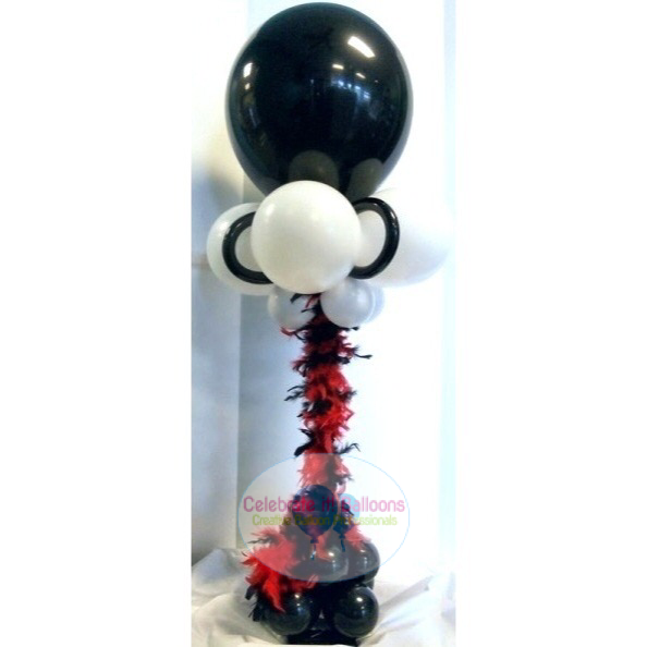 Black, red and white tall balloon centerpiece on a stand
