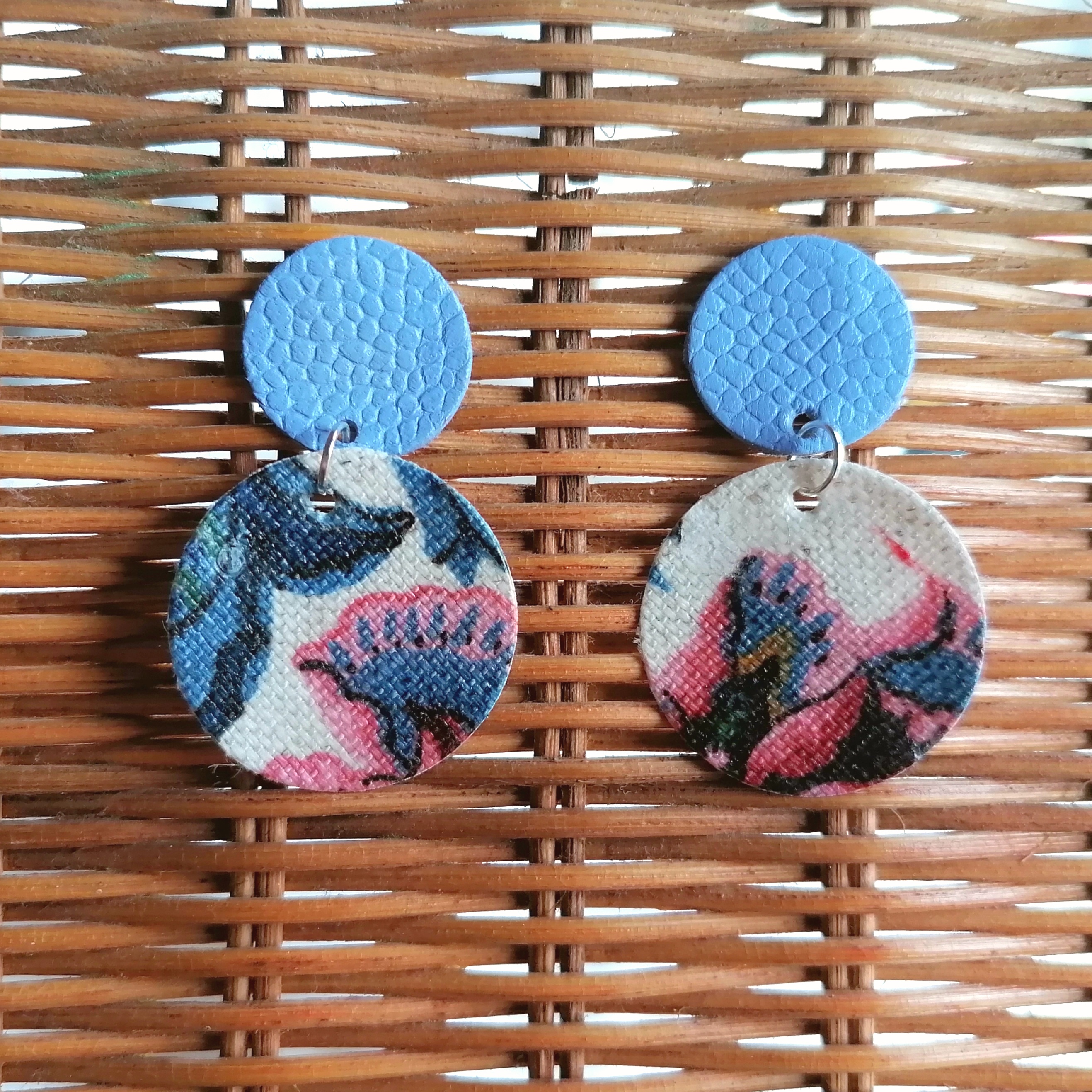 Recycled Vintage Fabric and Leather Stud Earrings- Pink and Blue Floral