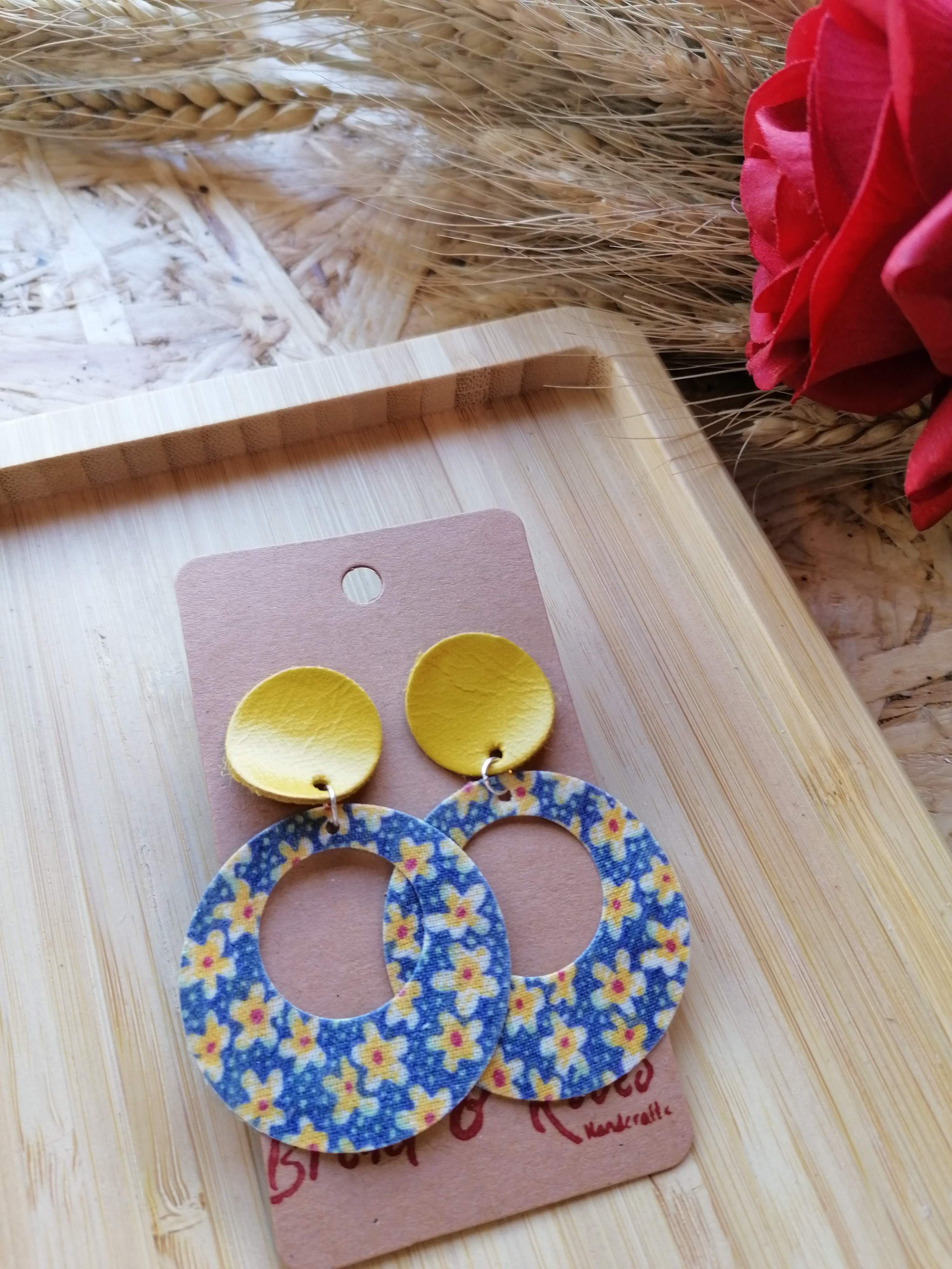 Recycled Vintage Fabric and Leather Stud Earrings - Yellow and Blue Floral