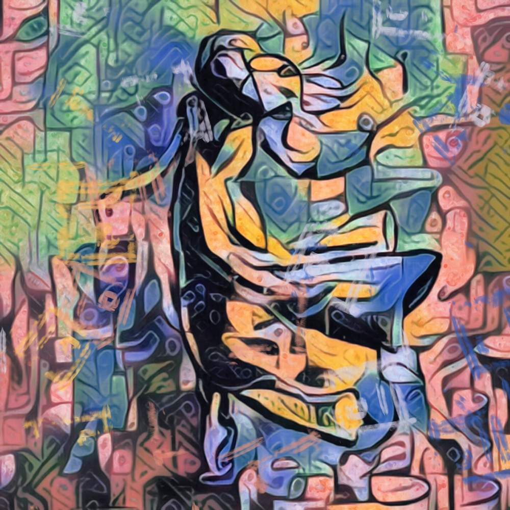 tweeluik - kleurig abstract op doek met lijst - dames in de wind