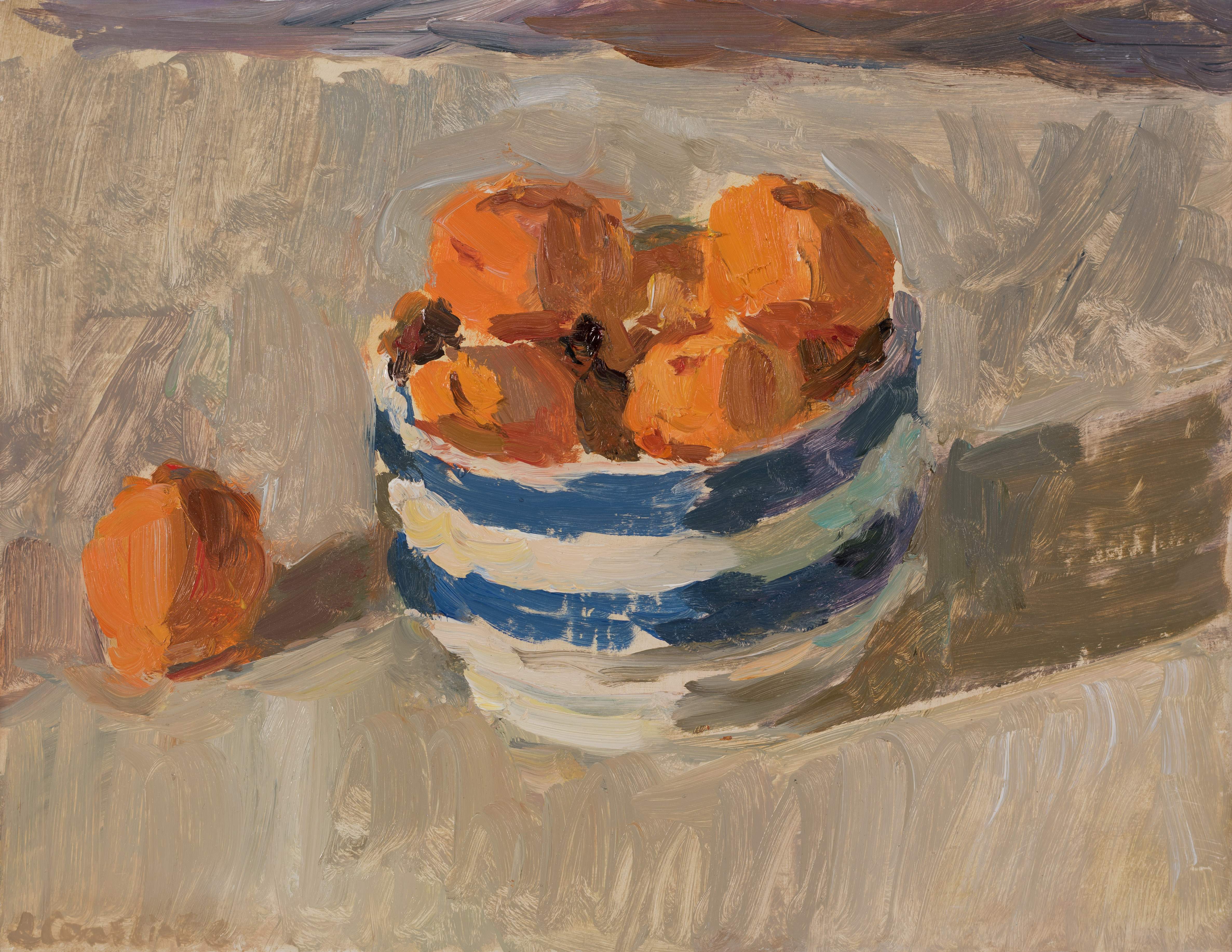 Apricots in a Striped Bowl