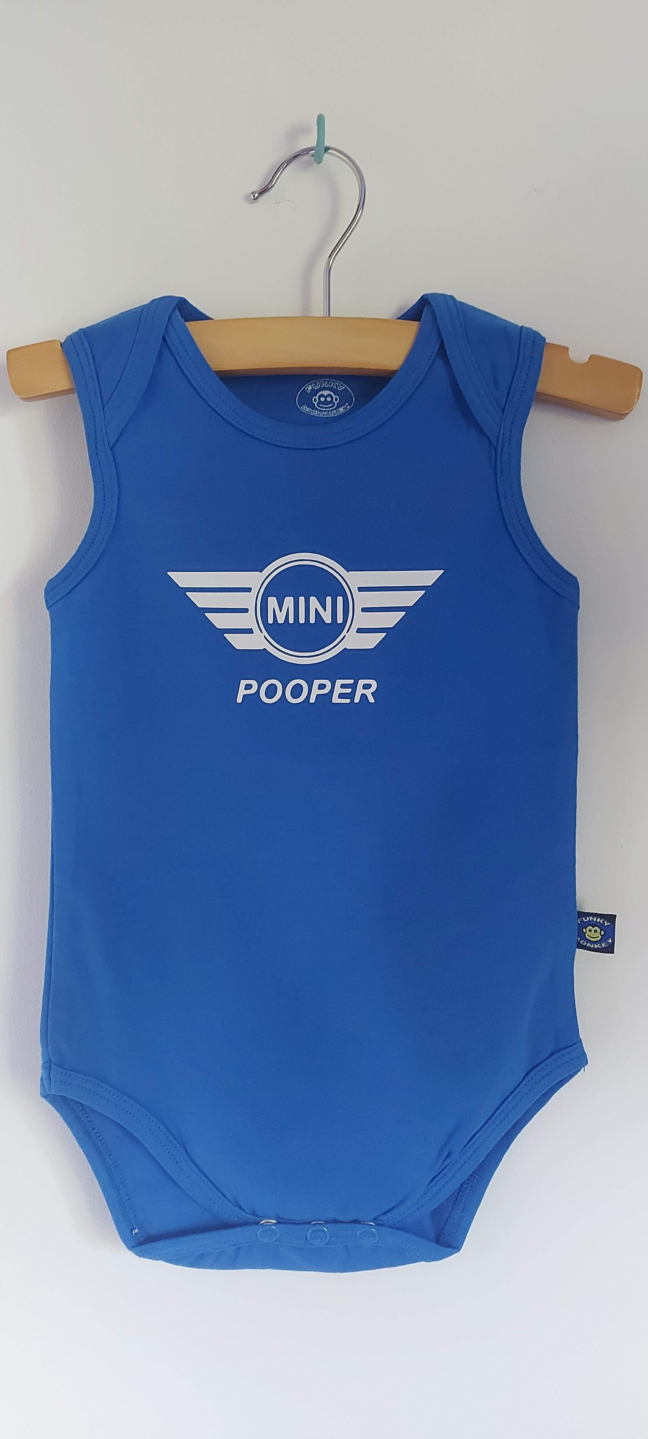 Romper "Mini Pooper" kobaltblauw. Maat 68/74.