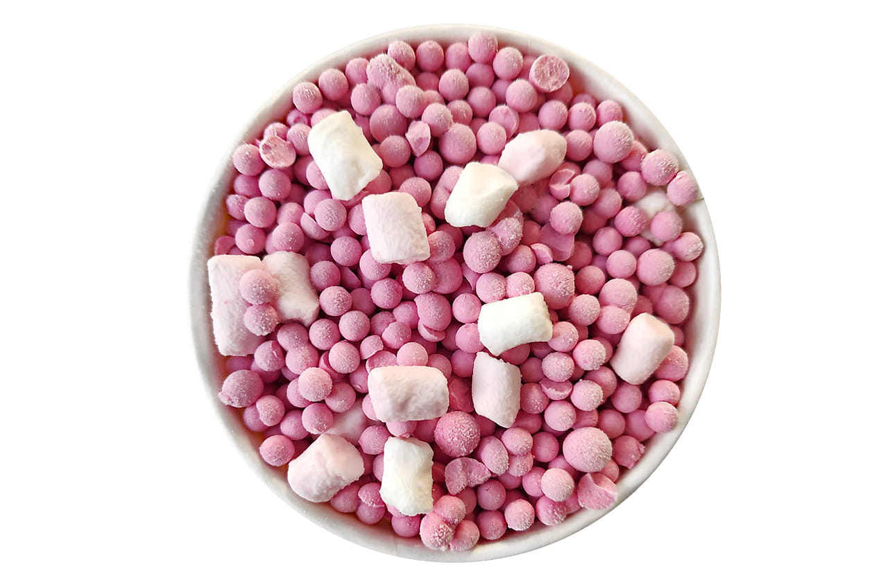 Zoete marshmallows en frisse zuurbes. Een glimlach gegarandeerd!