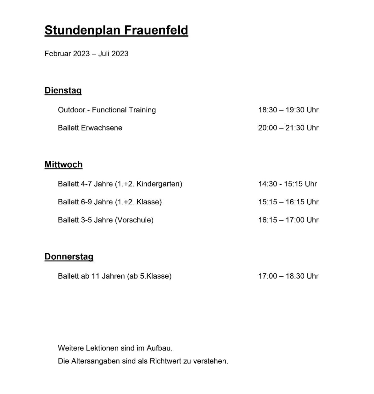 Stundenplan Frauenfeld 2023