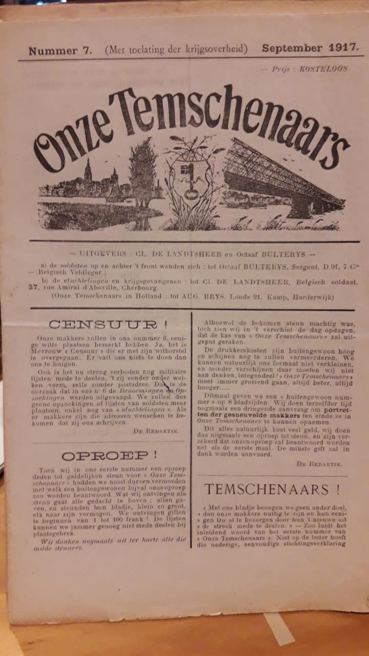 origineel Frontblaadje 'Onze Temschenaars'  september 1917 / Zeldzaam !!