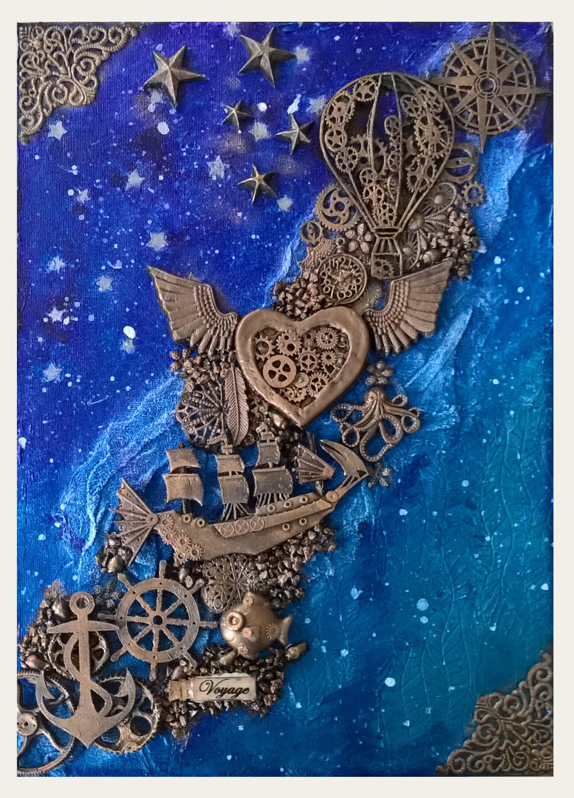 Mixed media inspired by Christy Moore's "The Voyage", with a steampunk twist, 35cm x 30cm