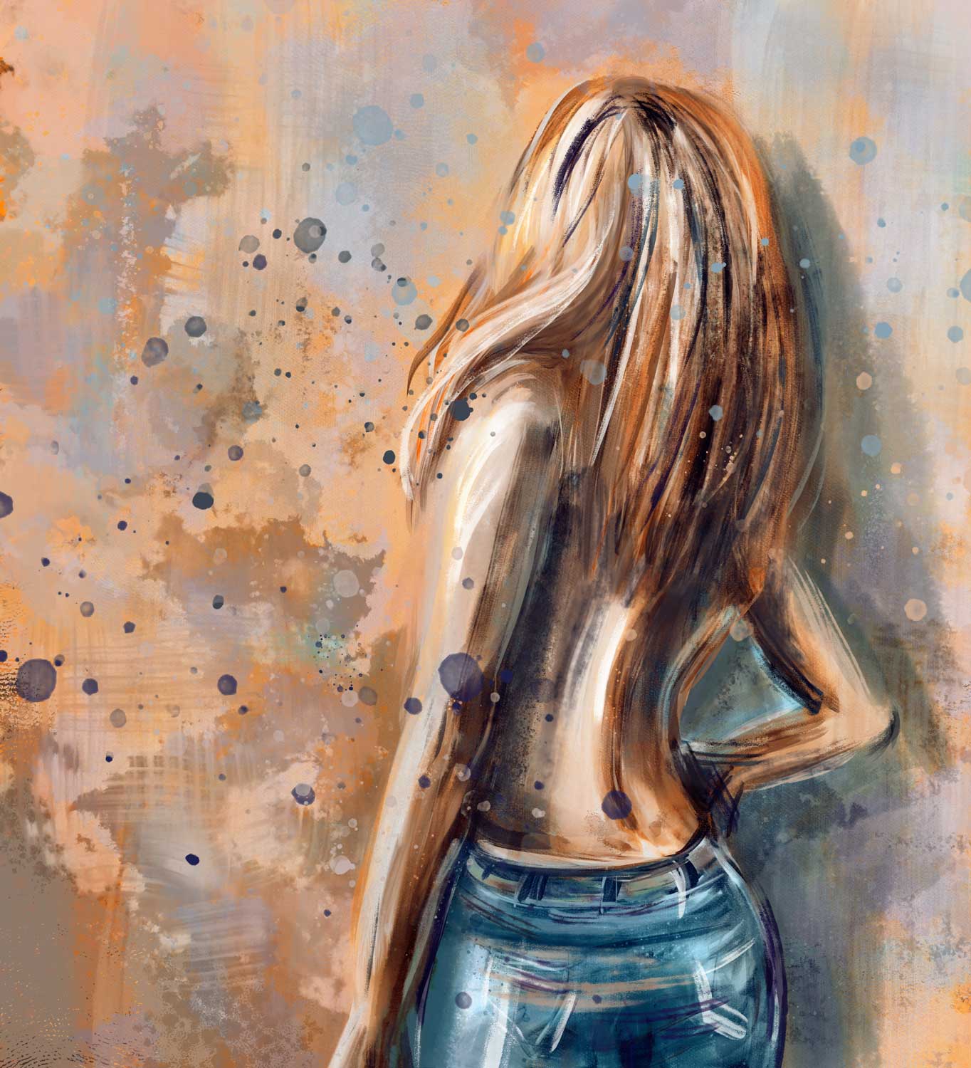 Vrouw met spijkerbroek - kleurig abstract kunstwerk