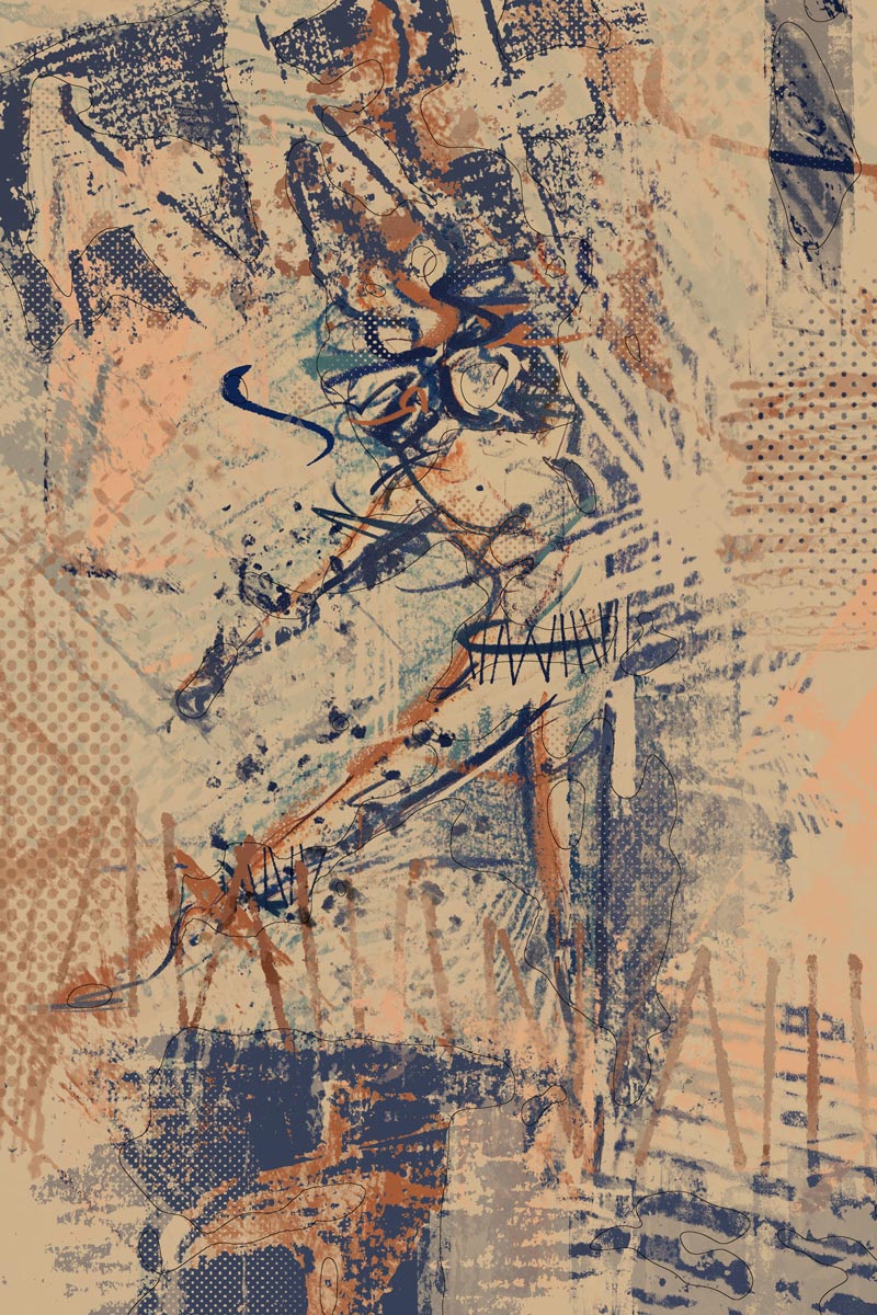 Abstract mixed media oil pastel dansende vrouw in roestbruin en donkerblauw