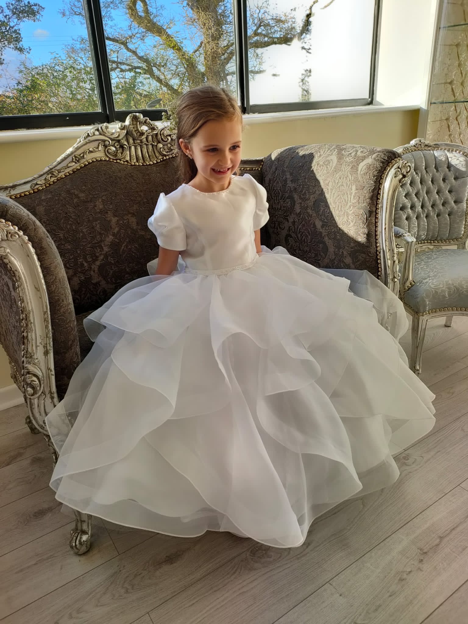 Puff sleeved mikado bodice with layered organza skirt