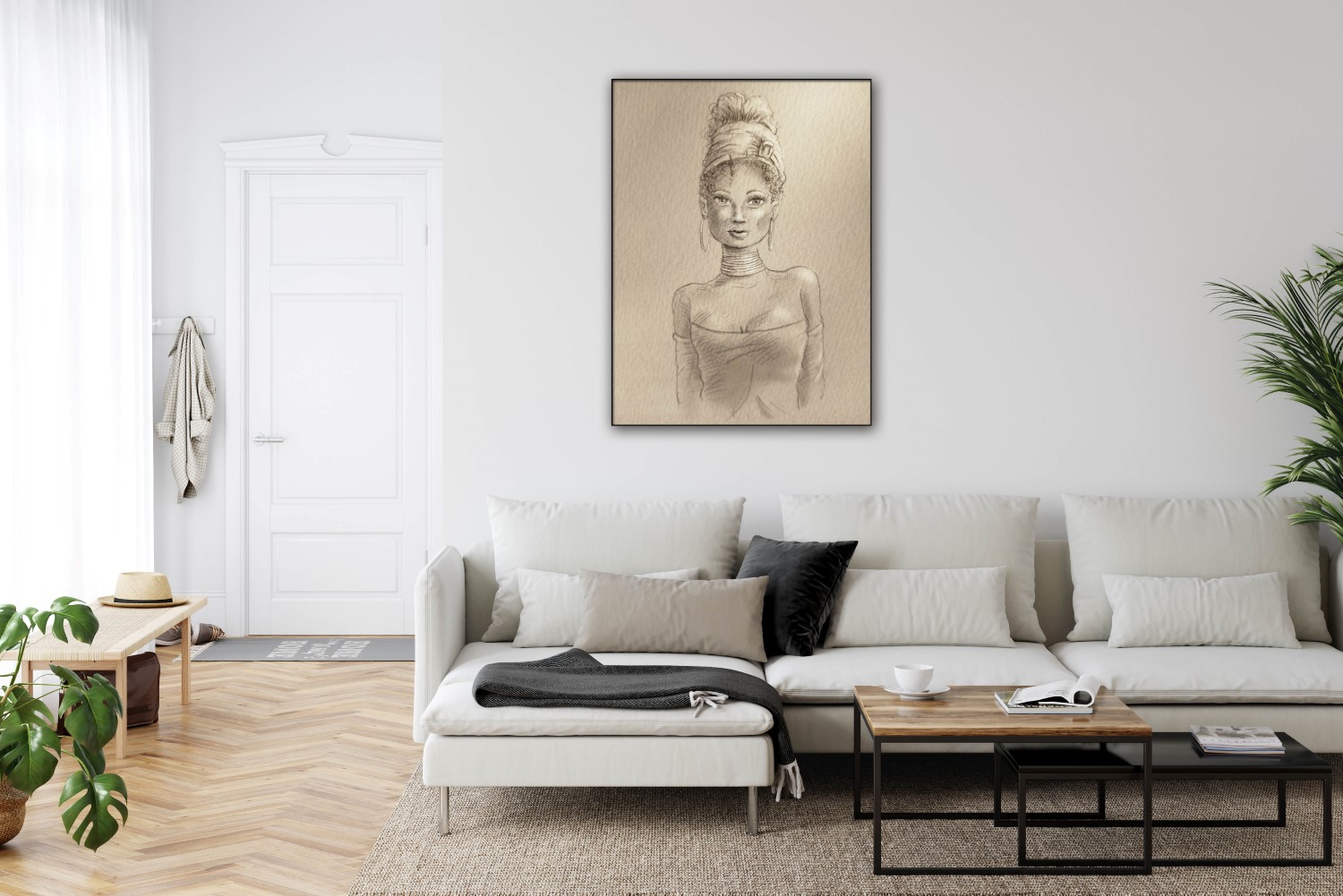 Grootformaat schilderij Portret Afrikaanse dame in beige kleur